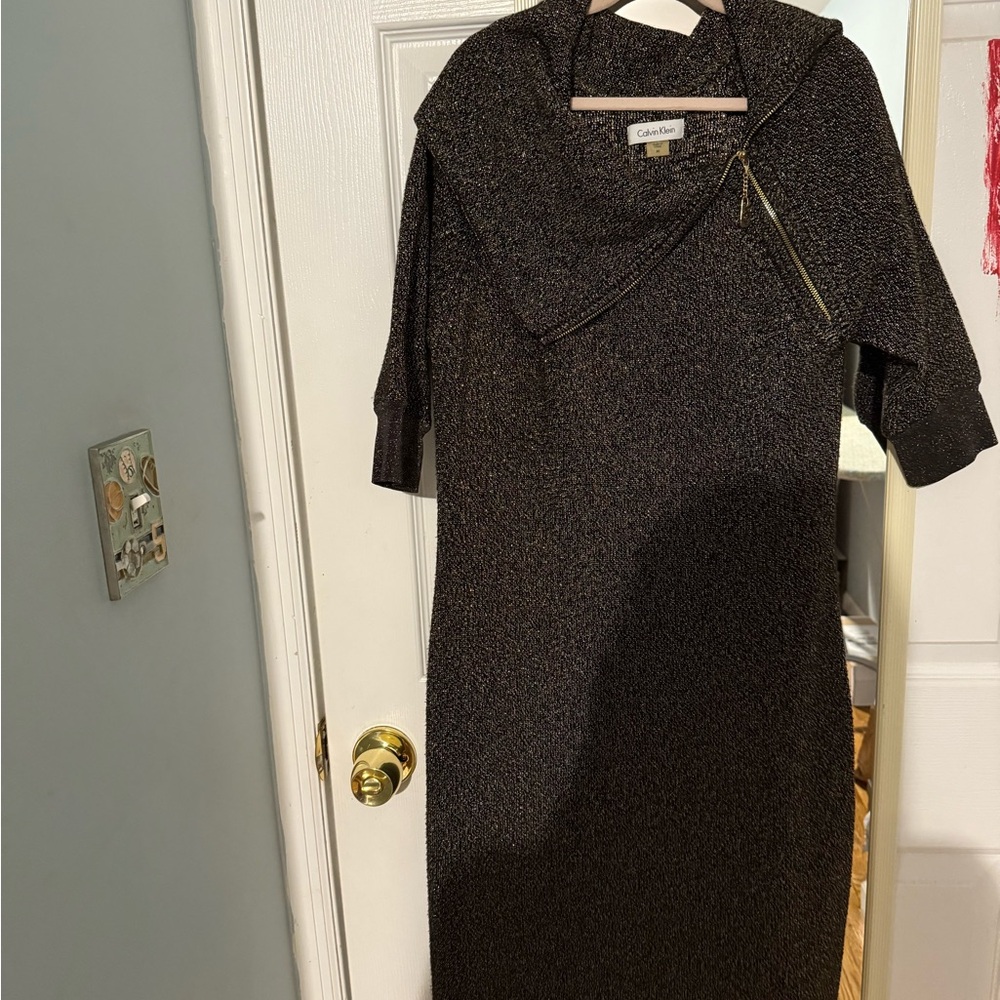 Calvin Klein Black Sheath Dress with Cowl Neck and 3/4 Sleeves